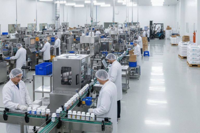 Workers in a modern supplement manufacturing facility operating automated production lines, illustrating manufacturer risk and operational stability.