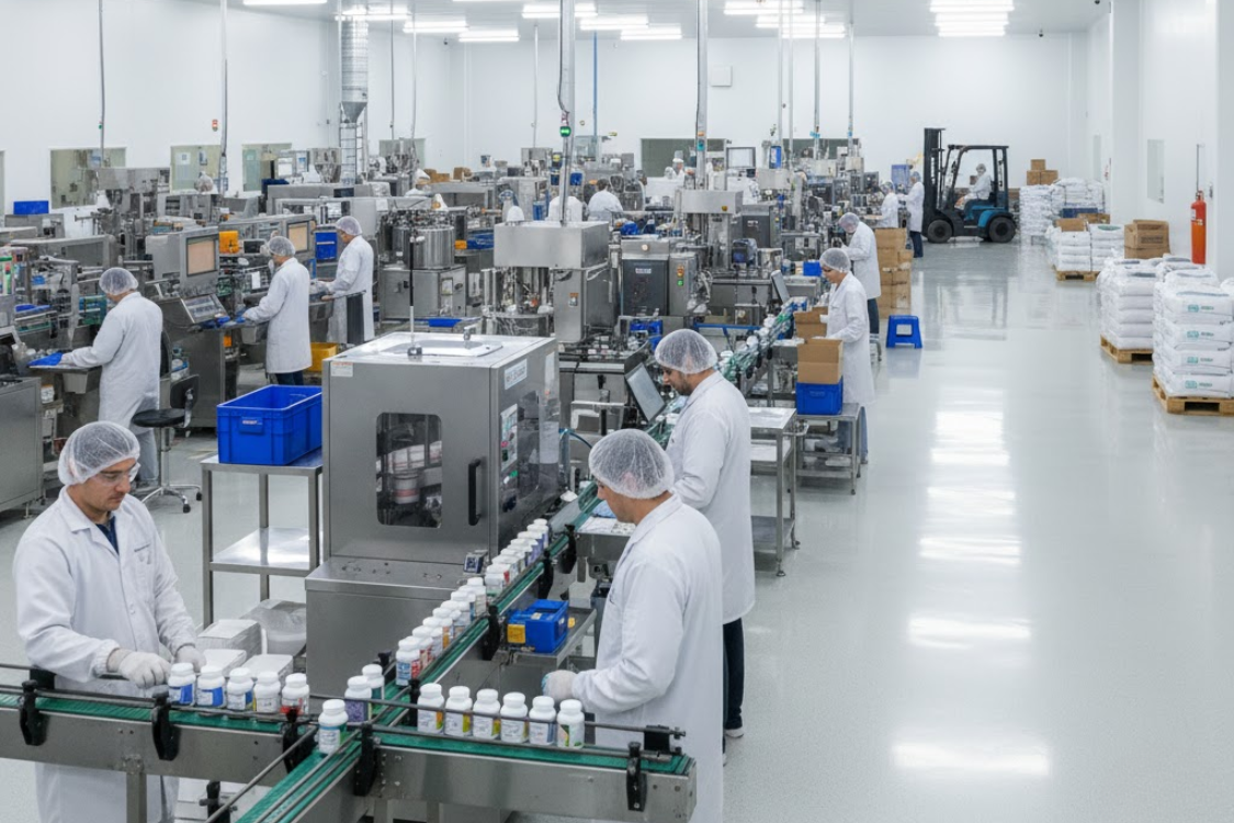 Workers in a modern supplement manufacturing facility operating automated production lines, illustrating manufacturer risk and operational stability.