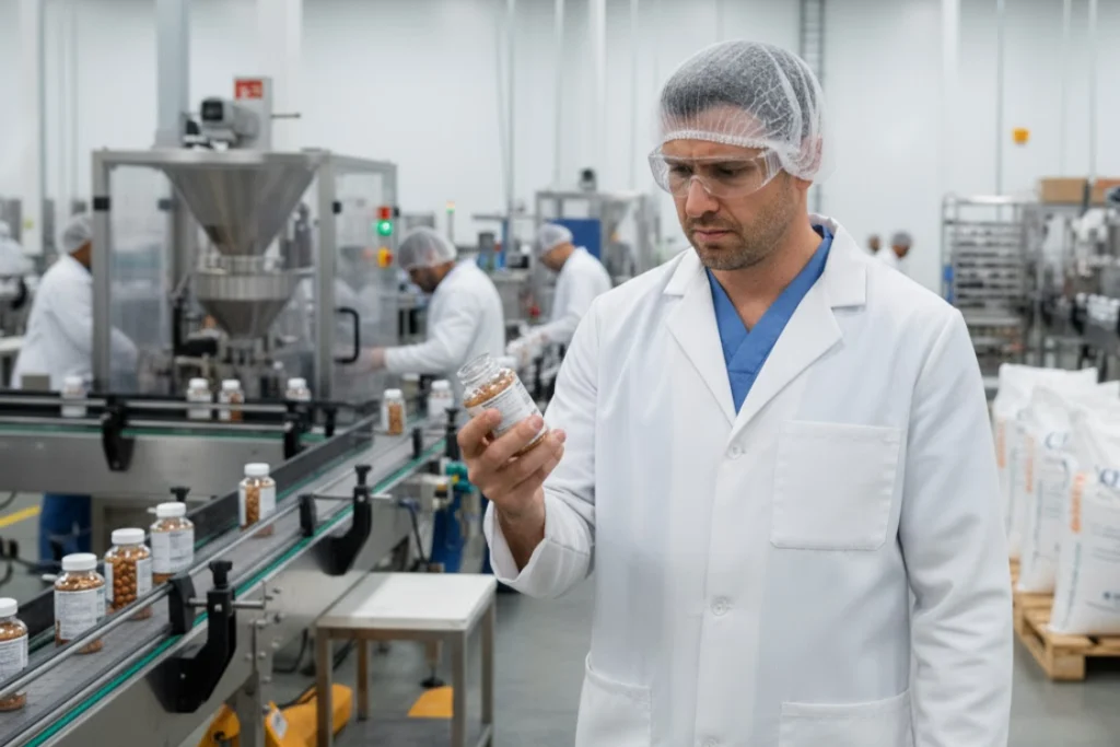 Quality control specialist examining supplement bottles in a laboratory setting, showing quality assurance to reduce manufacturer risk for supplement brands.