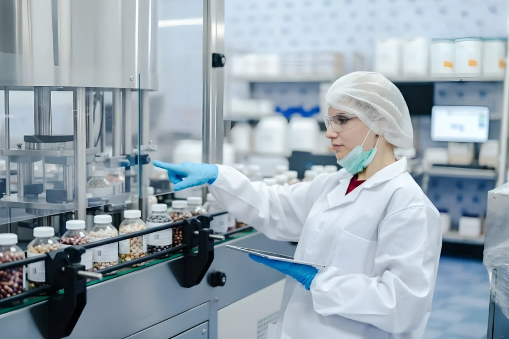 Scientist monitoring an automated conveyor belt of supplement bottles, confirming adherence to GMP standards during the supplement quality control testing panel.