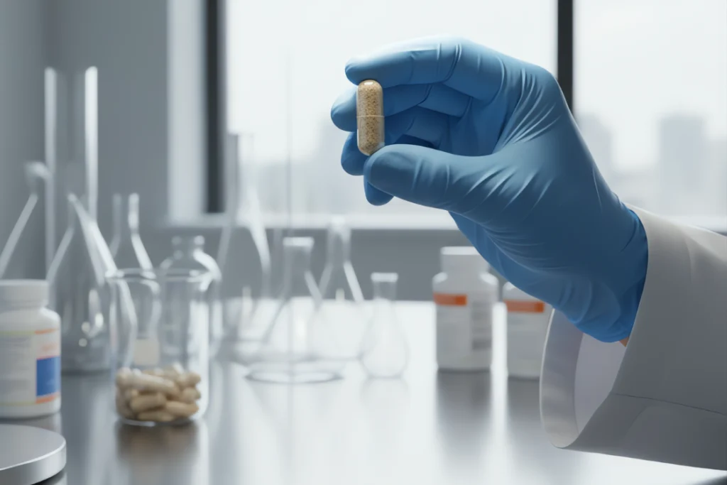 Close-up of a hand in a blue glove inspecting a single capsule in a sterile lab, representing the individual product sample reviewed in a supplement quality control testing panel.