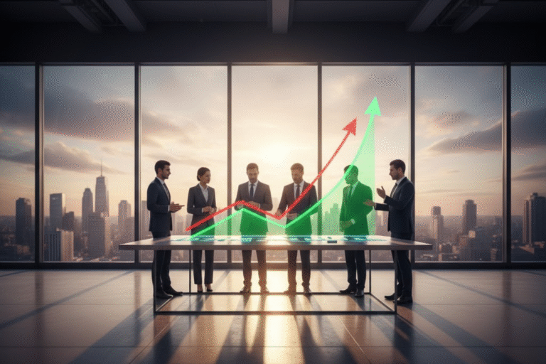 Business team reviewing growth charts with rising arrows, representing stable supplement manufacturer pricing and predictable growth.