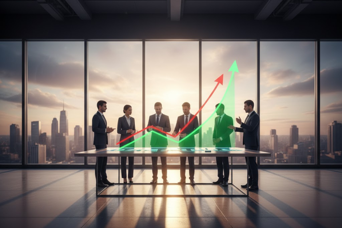 Business team reviewing growth charts with rising arrows, representing stable supplement manufacturer pricing and predictable growth.