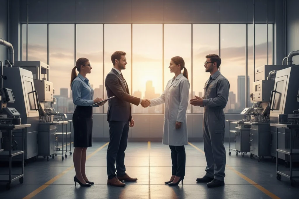 Business and manufacturing professionals shaking hands in a production facility, symbolizing transparent price stability contracts with supplement manufacturers.