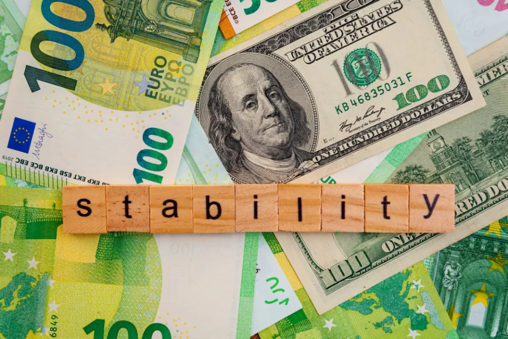 Euro and US dollar bills under wooden blocks spelling “stability,” illustrating supplement manufacturer price stability and financial consistency.