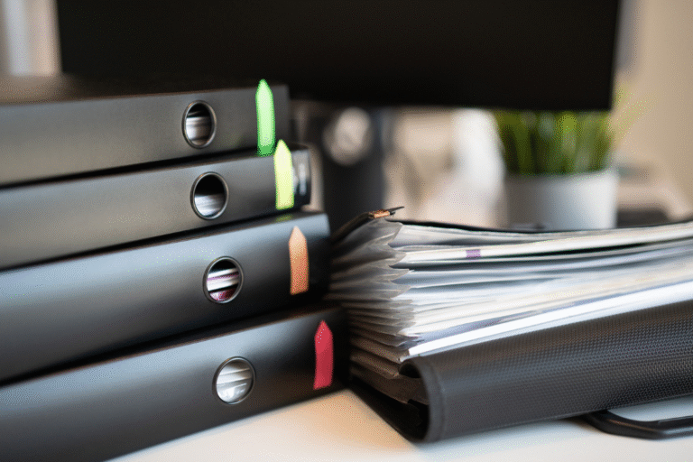 Stacked black binders and folders with colored tabs, representing the organization of supplement manufacturer public records for review.
