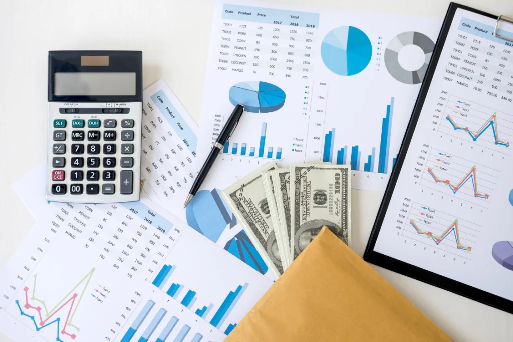 Financial charts, calculator, and cash on a desk representing supplement manufacturing cost breakdown and expense tracking.
