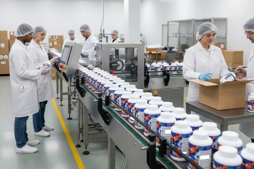 Workers on a supplement production line packaging bottles, illustrating the manufacturing process and cost breakdown stages.