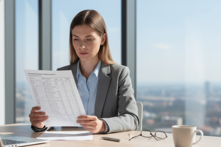 Business professional reviewing a detailed cost breakdown document for supplement manufacturing analysis.
