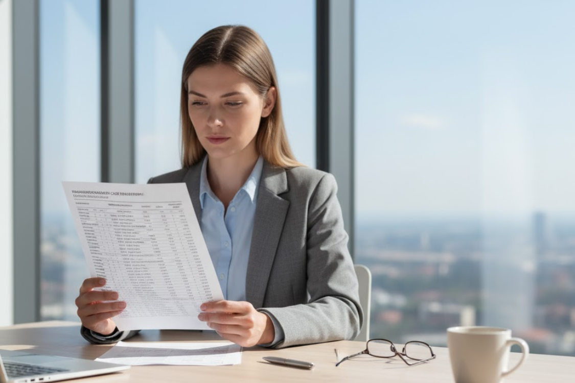 Business professional reviewing a detailed cost breakdown document for supplement manufacturing analysis.