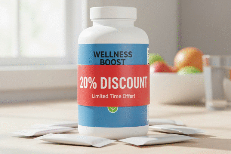 A bottle of "Wellness Boost" with a red label showing a 20% DISCOUNT, illustrating the application of supplement manufacturing volume discounts on finished product orders.