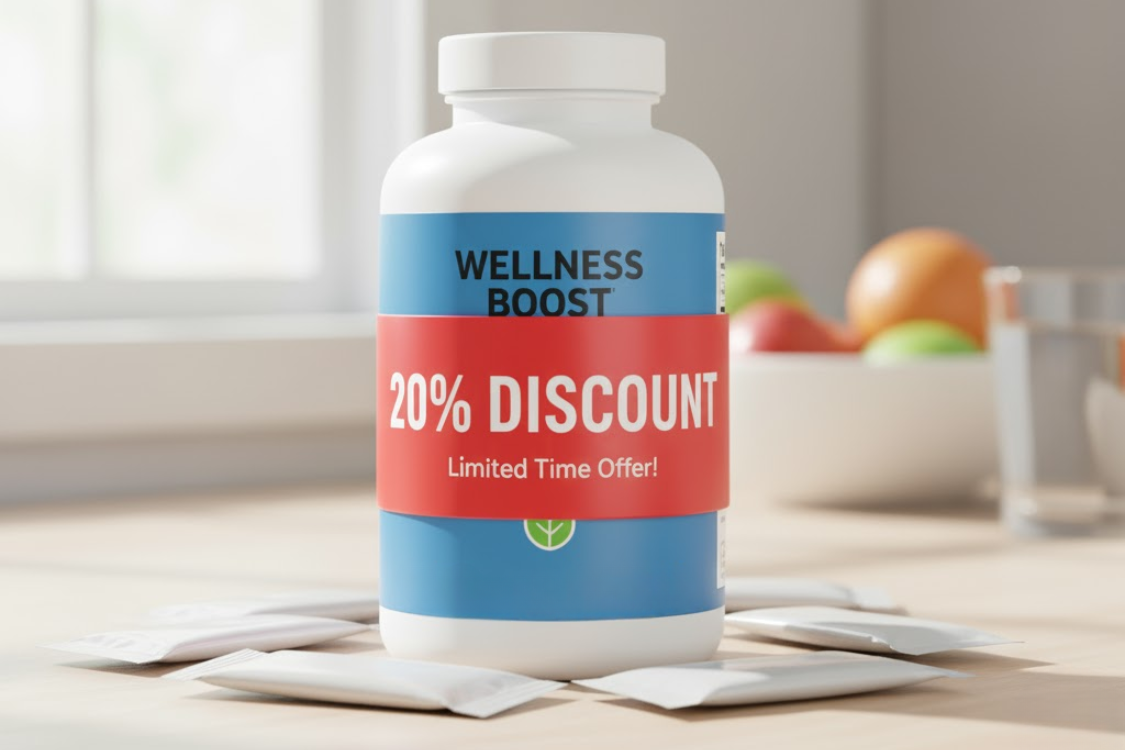 A bottle of "Wellness Boost" with a red label showing a 20% DISCOUNT, illustrating the application of supplement manufacturing volume discounts on finished product orders.