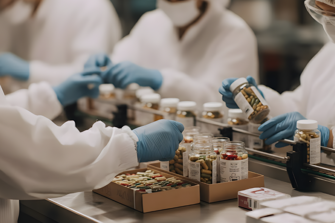 Manufacturing workers in clean suits and gloves conducting final checks on various colored capsules, part of the supplement quality control testing panel process.