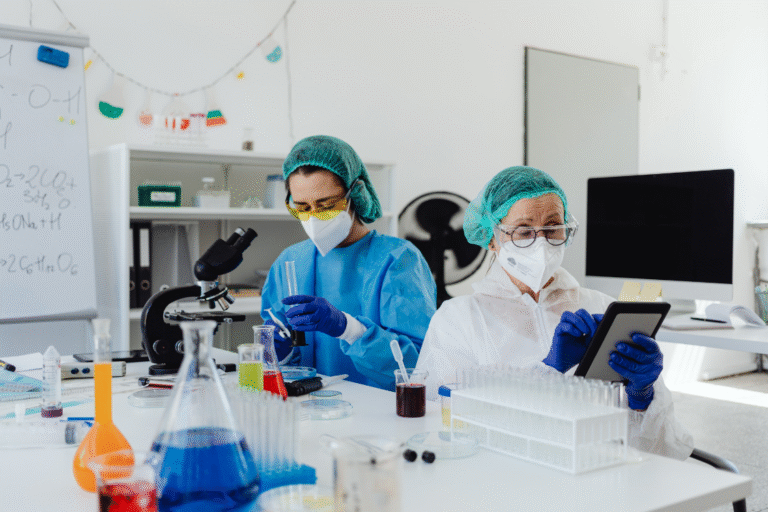 Two scientists in a laboratory conducting tests with beakers, a microscope, and a tablet for quality control during a supplement pilot production run.