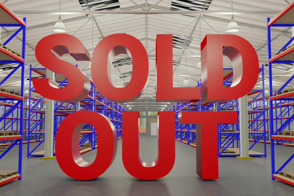 Large red "SOLD OUT" text in the middle of an empty warehouse, highlighting the importance of supplement demand forecasting to avoid stockouts.