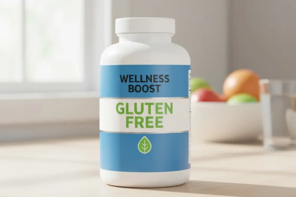 Bottle of "Wellness Boost" daily probiotic with a prominent "GLUTEN FREE" label, highlighting a product from a trusted gluten testing supplements manufacture.