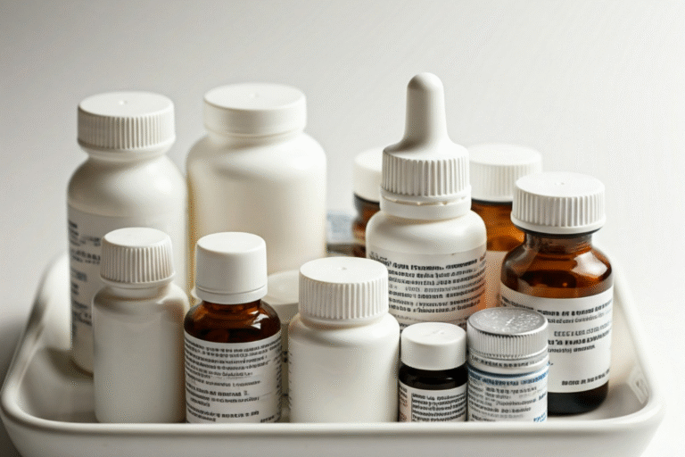 Assortment of white plastic and brown glass bottles used for supplement packaging, including dropper and pill bottles, highlighting different packaging materials and cleanliness standards