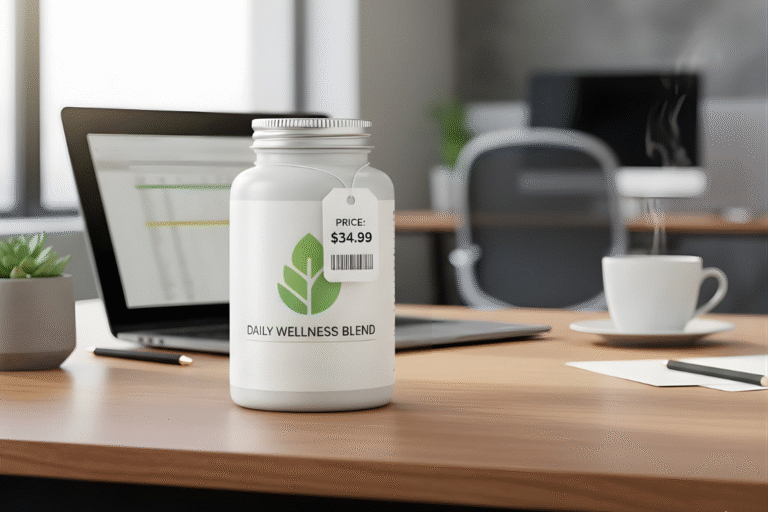 A Daily Wellness Blend supplement bottle with a price tag of $34.99 on an office desk next to a laptop, illustrating unit cost and pricing strategy.
