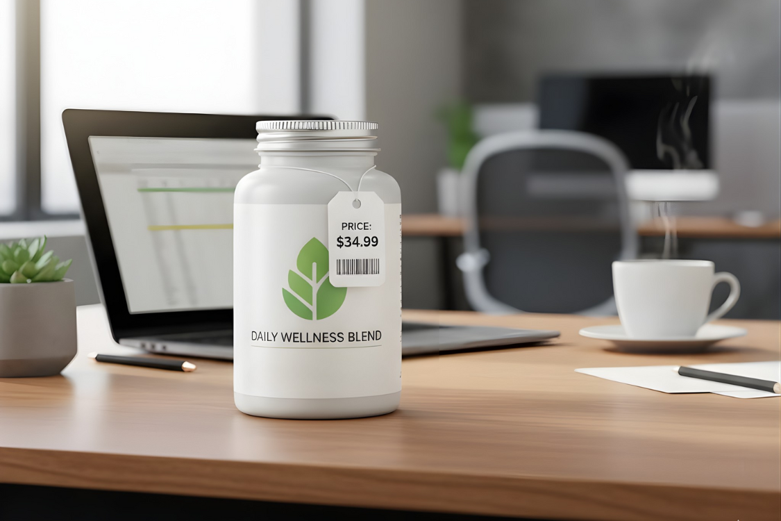 A Daily Wellness Blend supplement bottle with a price tag of $34.99 on an office desk next to a laptop, illustrating unit cost and pricing strategy.