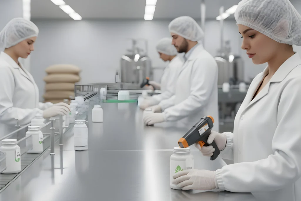 Workers in hairnets and lab coats at a supplement manufacturer inspecting bottles on a production line to ensure cGMP compliance and quality.