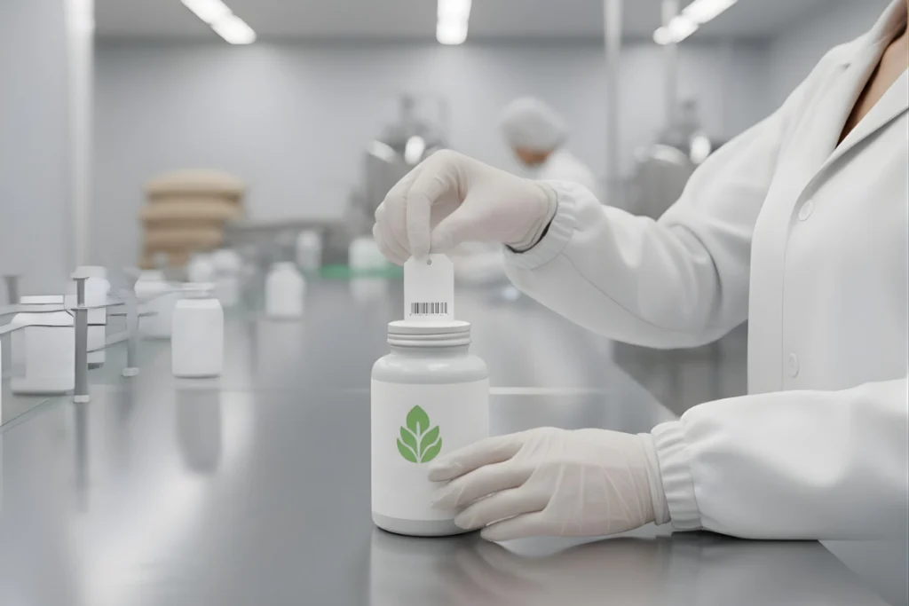 Close-up of a worker in gloves applying a barcode and tag to a private label supplement bottle, which directly affects supplement manufacturer pricing.