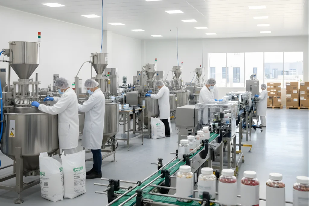 Wide shot of a clean cGMP supplement manufacturing facility with workers in lab coats and hairnets operating machinery and a conveyor belt with finished supplement bottles, highlighting the importance of operational and quality system checks during due diligence.