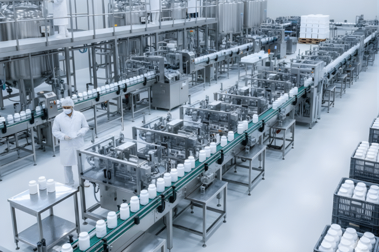 High-angle view of a supplement manufacturing cleanroom with a cGMP-compliant conveyor system and an operator reviewing the supplement facility audit checklist.