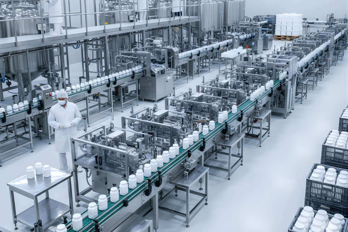 High-angle view of a supplement manufacturing cleanroom with a cGMP-compliant conveyor system and an operator reviewing the supplement facility audit checklist.