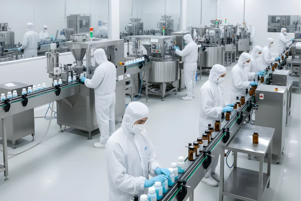 Staff in sterile garments and PPE performing packaging and quality control checks on a supplement manufacturing line, following the supplement facility audit checklist workflow.