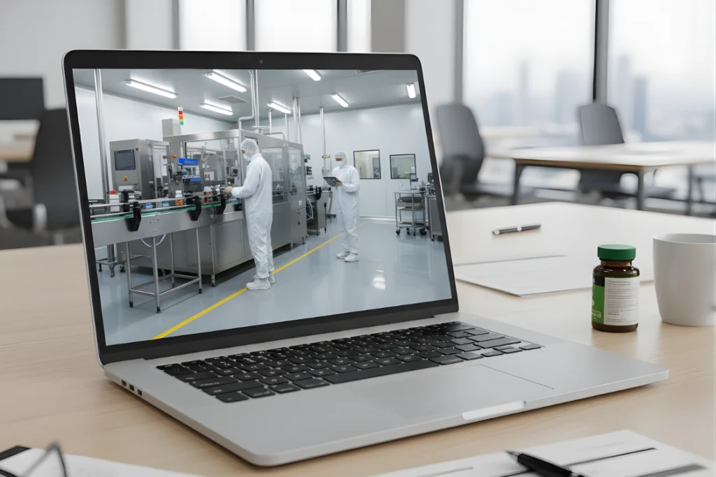 Laptop displaying a virtual audit of a sterile supplement manufacturing facility, reviewing production workflow and staff training indicators with the supplement facility audit checklist.