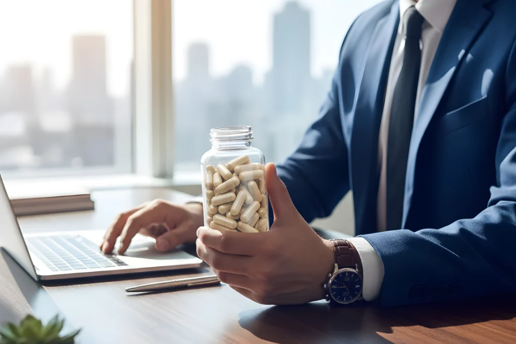 Close-up of a businessman in a suit holding a clear bottle of vitamin/supplement capsules while working on a laptop, symbolizing a founder's decision on a supplement manufacturer.