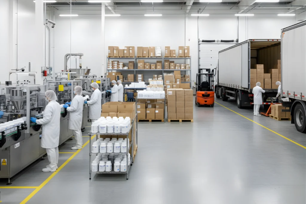 Wide shot of a supplement manufacturer's warehouse showing products being loaded onto a semi-truck next to stacks of boxed inventory, emphasizing the how to evaluate a supplement manufacturer logistics and storage process.