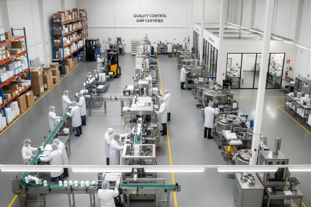 Aerial view of a large, brightly lit, GMP-certified supplement manufacturing facility showing production lines and workers in lab coats and hairnets, illustrating how to evaluate a supplement manufacturer's facility quality.