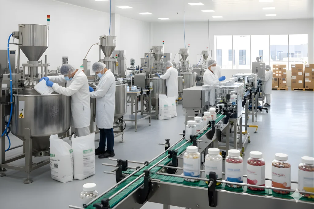 Workers in white lab coats and hairnets at a large-scale supplement manufacturing facility, with production line and bottles showing good manufacturing practices (GMP) and quality control.