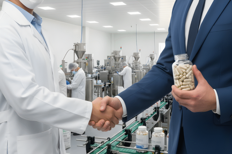 Professional handshake between a scientist in a lab coat and a business executive in a suit, holding a jar of supplements, symbolizing the start of a supplement manufacturing partnership and due diligence in a cGMP facility.
