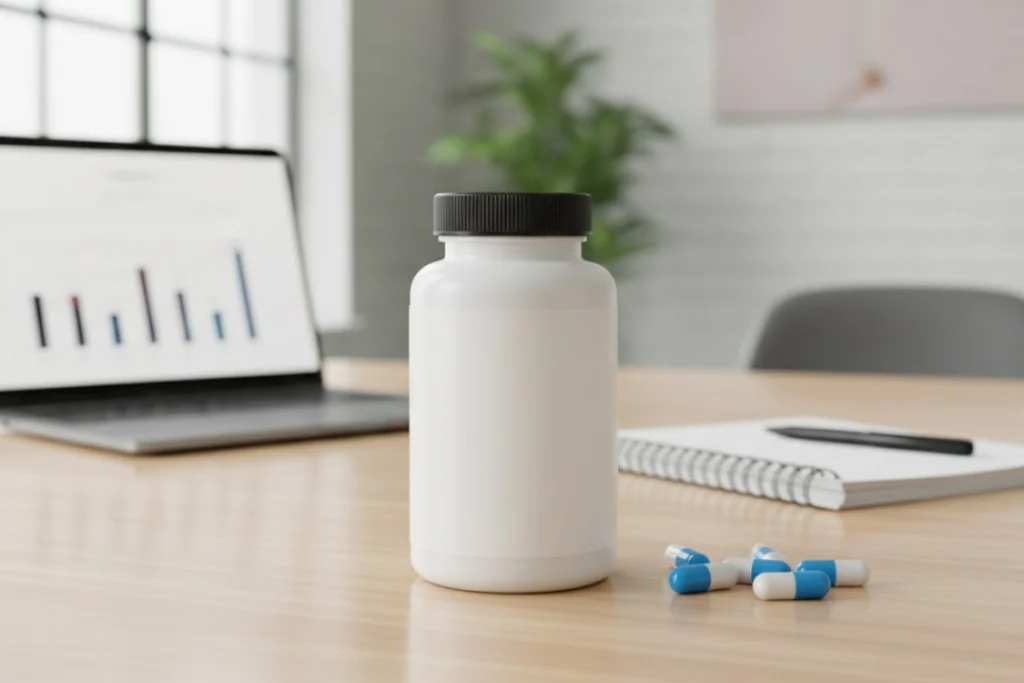 bottles-compliance-data A white supplement bottle and blue/white capsules on an office desk with a laptop screen showing bar charts in the background, representing the importance of quality, compliance, and analyzing business data during due diligence.
