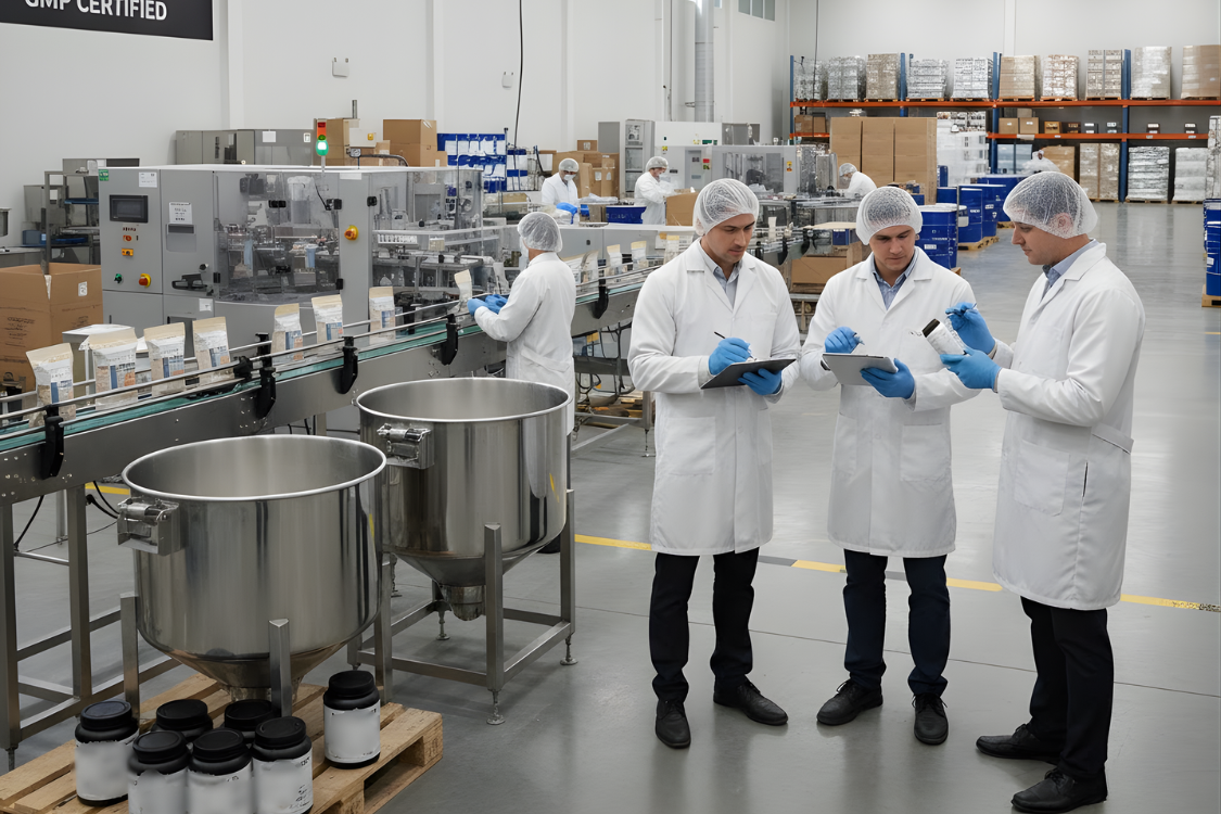 Three quality control personnel in lab coats reviewing documents and inspecting supplement bottles on a production line inside a cGMP-compliant manufacturing facility.