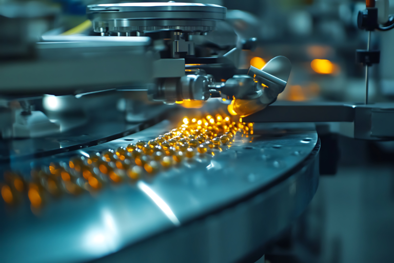 A machine processes rows of amber-colored capsules on a circular track.