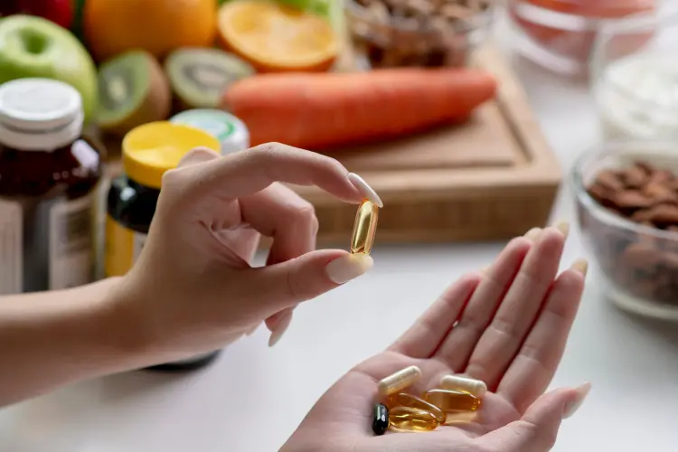 A hand holds a golden omega-3 softgel capsule over a collection of other supplements and fresh whole foods, illustrating the choice of high quality ingredients for a supplement brand.