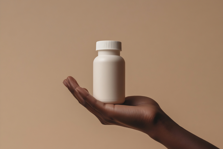 A hand with dark skin tone holding a plain white, unbranded supplement bottle against a beige background, representing private label product choices for those learning how to start a supplement company.