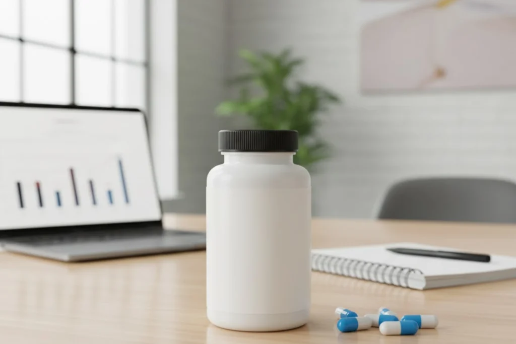 A white, blank private label supplement bottle on an office desk next to a laptop displaying sales charts, symbolizing a startup private label dropshipping supplements business.