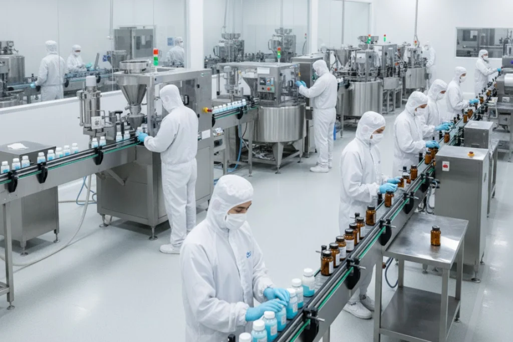 Inside a clean, cGMP-compliant manufacturing facility showing workers in protective gear on a production line bottling private label supplements.