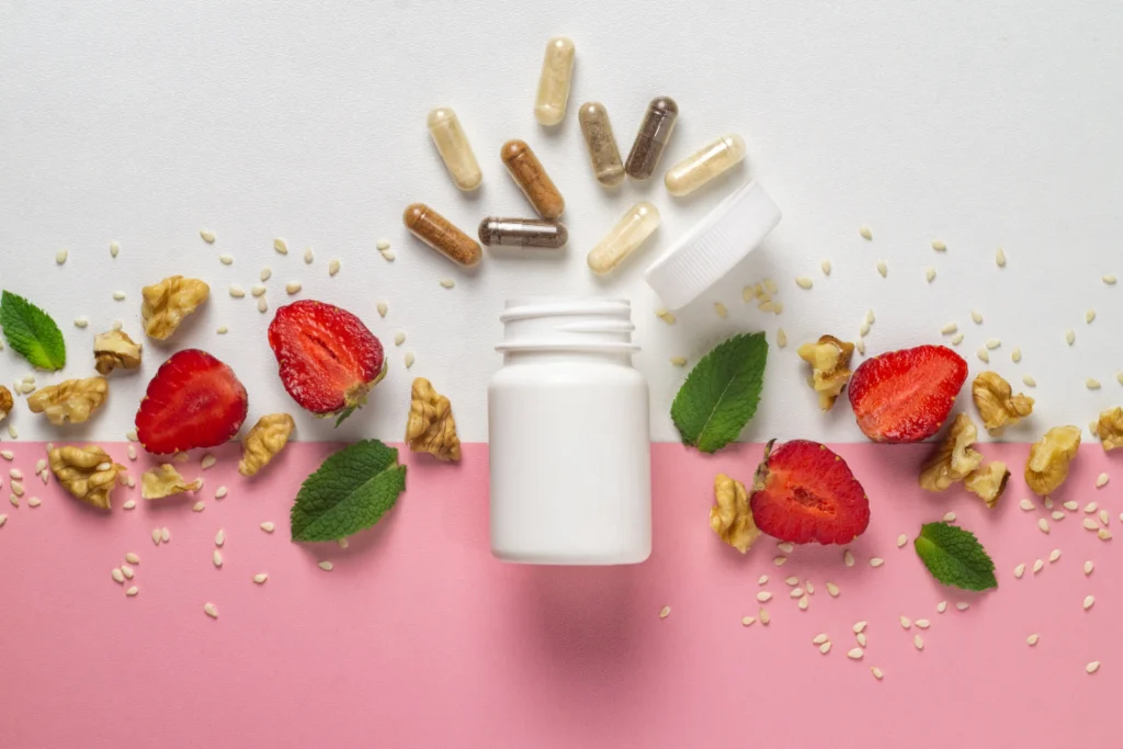 A white supplement bottle surrounded by strawberries, walnuts, and mint leaves, highlighting the natural ingredients in private label dropshipping supplements.