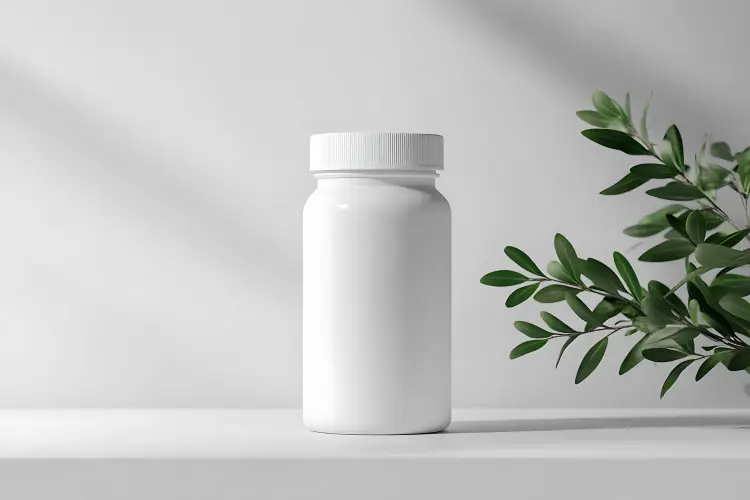 A mockup of white supplement packaging with an olive branch in soft lighting, representing minimalist packaging design when creating a supplement brand.