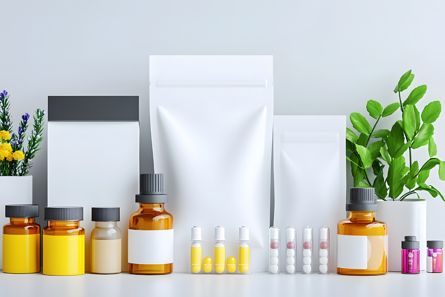 A display of various supplement bottles and flexible white pouch packaging, showcasing a potential product line for a new supplement brand.