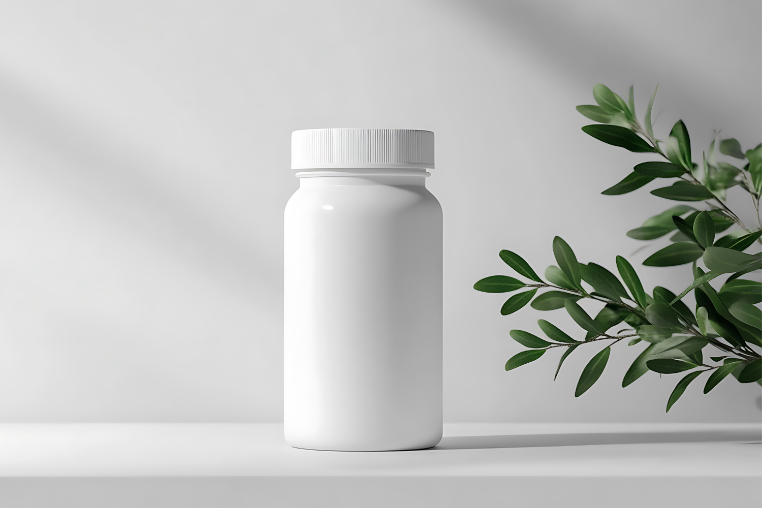 A white bottle sits on a shelf next to a leafy plant.