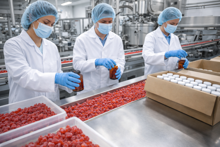 Workers in sterile gowns, hairnets, masks, and gloves handle amber bottles on a conveyor belt alongside bins of red candies and boxes of white-capped bottles in a food processing facility.