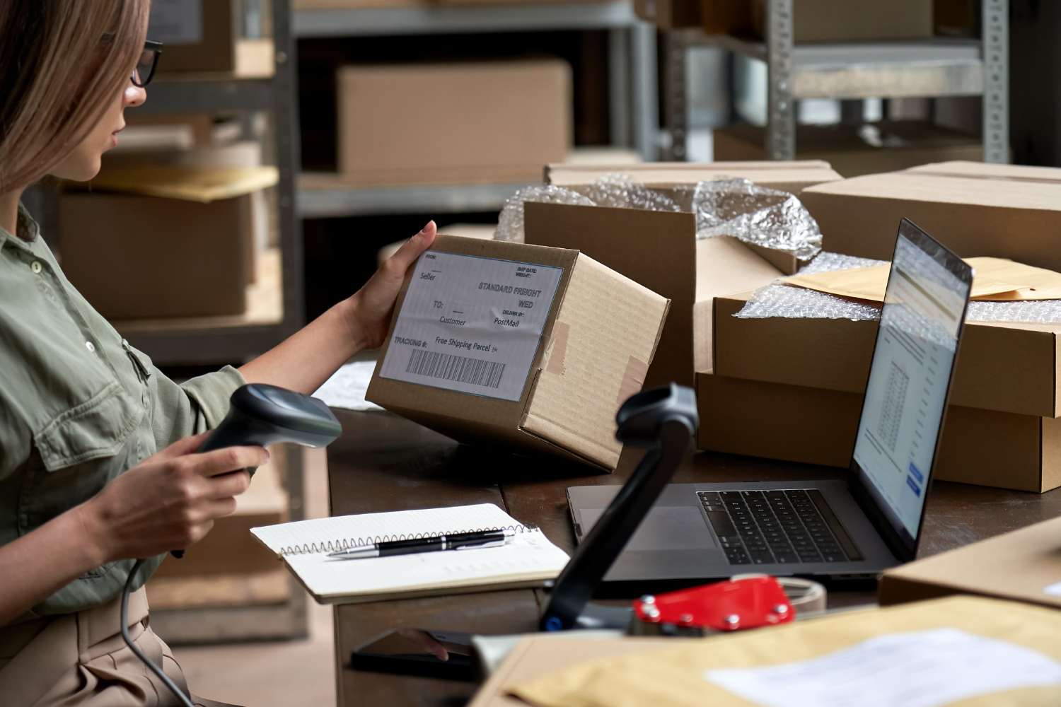 A person is scanning a package with a barcode scanner in a warehouse setting, with a laptop and stacks of boxes in the background.